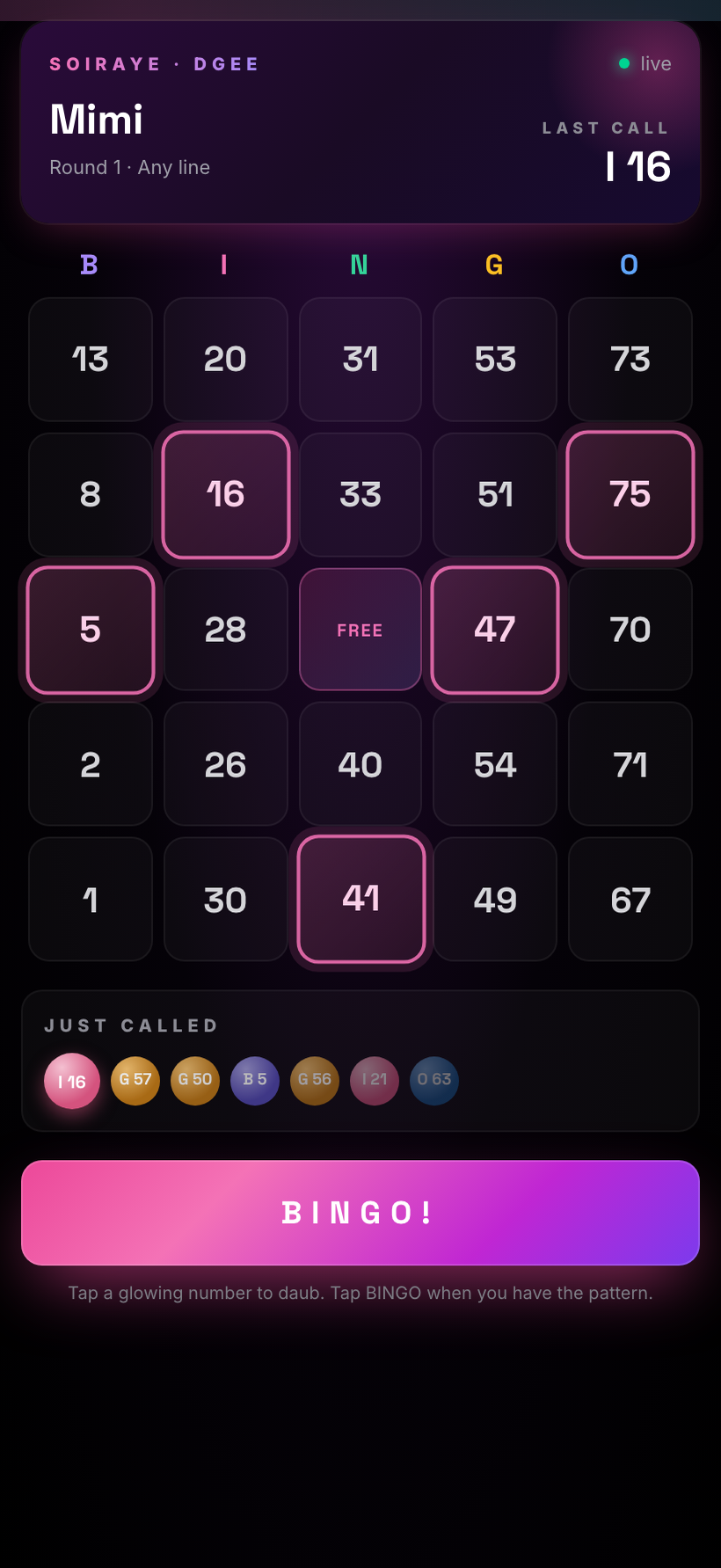 Bingo player phone — Mimi's 5x5 card with B-I-N-G-O column headers, called numbers daubed with lipstick-kiss marks, a FREE center, the four corners all daubed, the just-called ball, and a BINGO button.
