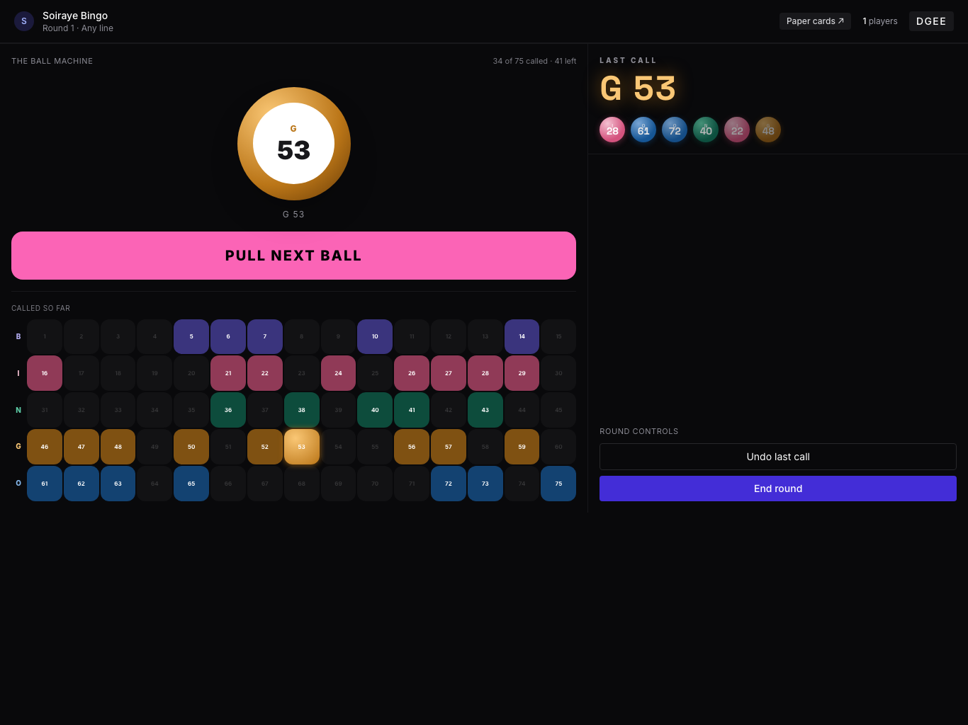 Bingo host tablet — a big 'pull next ball' button, the latest call (N 32) on a green ball, recent calls in a row, the round and prize, and a 'bingo claim' panel showing Mimi's four-corners card with confirm and not-yet buttons.