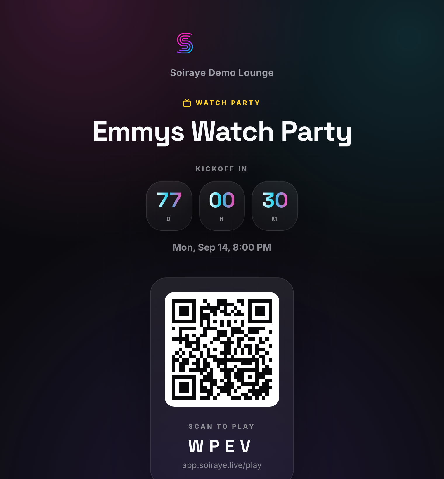Watch Party promo page — the venue's branded countdown to an Emmys Watch Party, the kickoff time, and a scan-to-play QR with the join code, made to post.